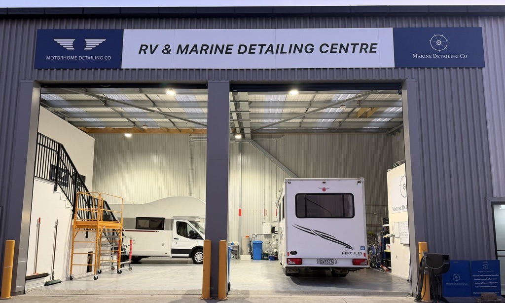 RV & Marine Detailing Centre facility entrance in Mount Wellington with motorhomes inside