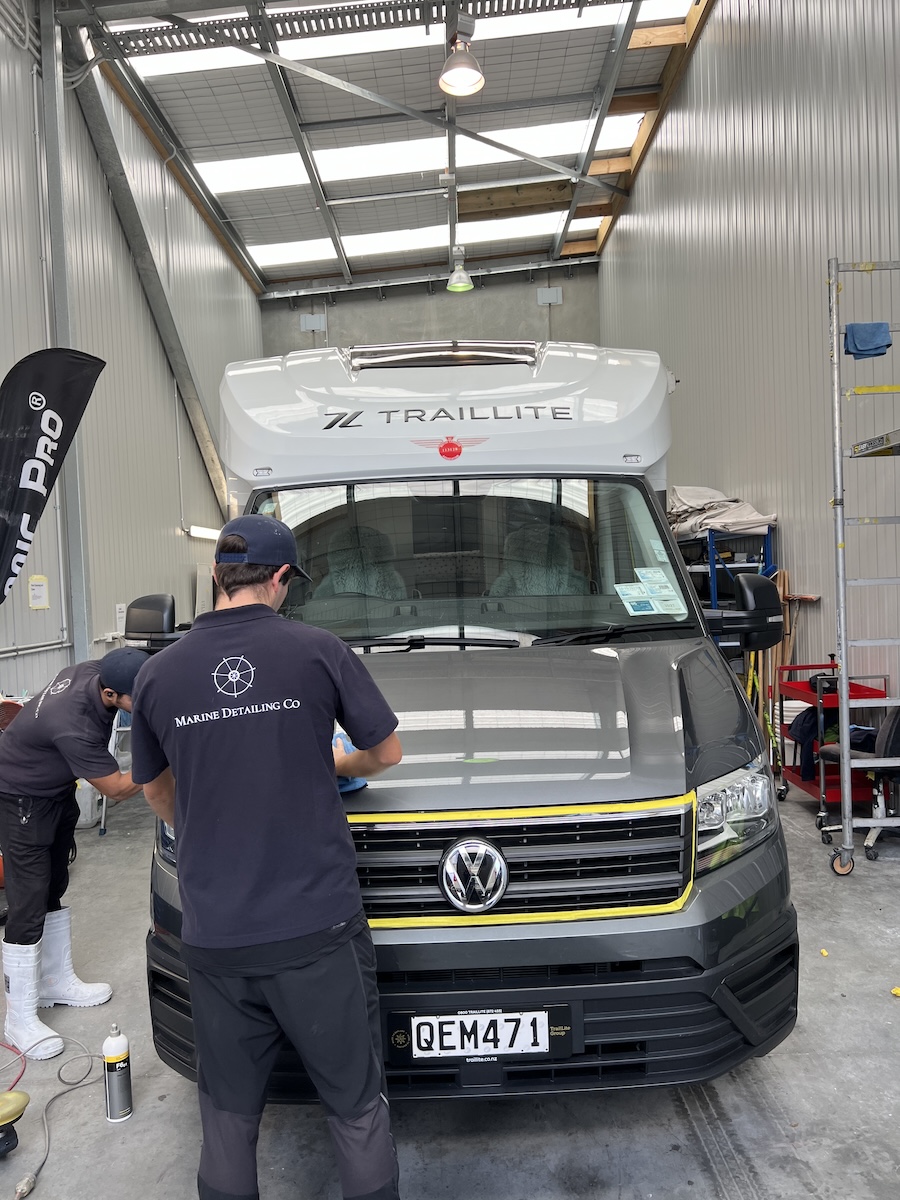 Marine Detailing Co team polishing a TrailLite Volkswagen Crafter motorhome